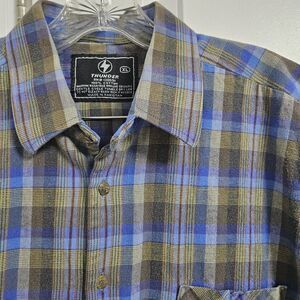 Thunder Men's XL Thick Blue Button Up Plaid Shirt Western Pockets Logo Outdoor